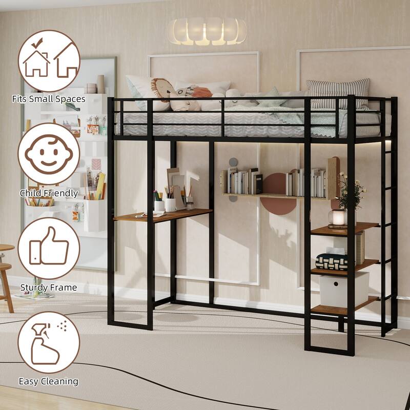 Iron frame bed with bed and table with stairs on both sides