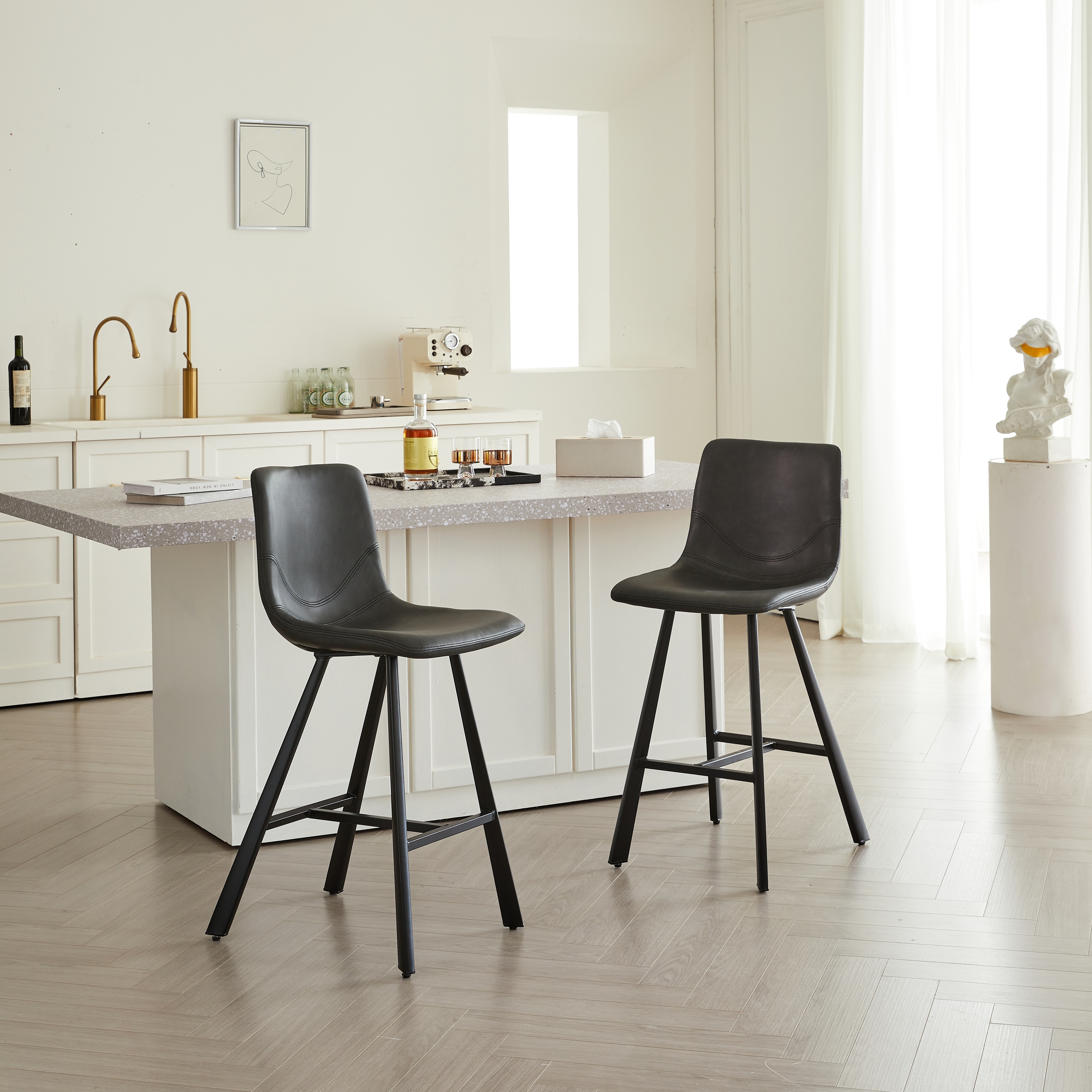 Set of 2 Bar Stool with Ergonomic Curved Backrest - Sturdy Black Metal Frame Counter Height Seating with Footrest