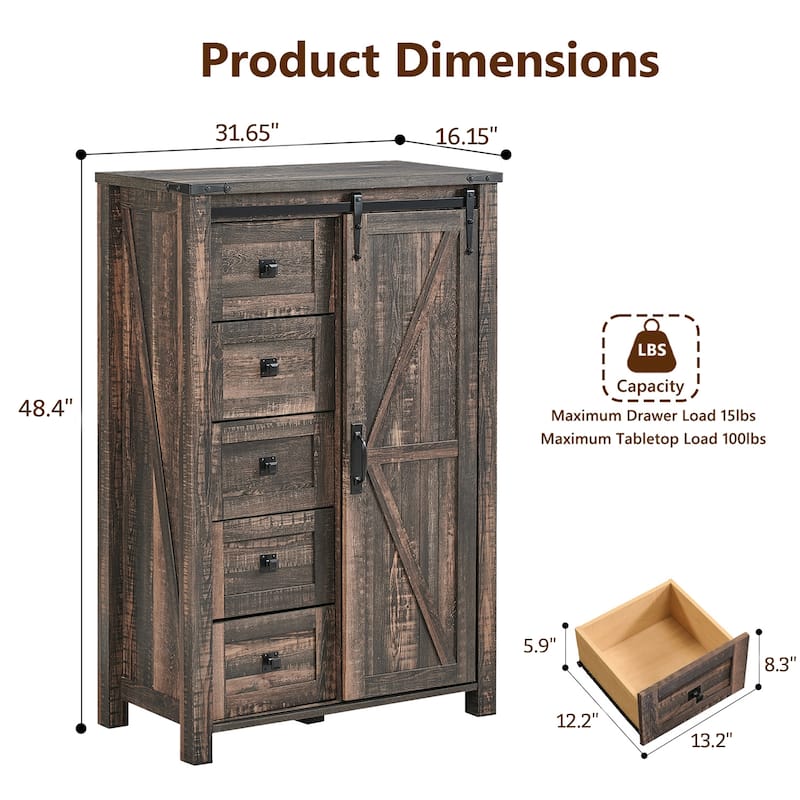 Farmhouse 5 Drawers Dresser, Vintage Chest of Drawers with Barn Door