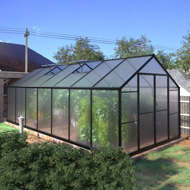 VEIKOUS Aluminum Walk-In Garden Greenhouse Kit with Adjustable Roof Vent and Lockable Door Grey