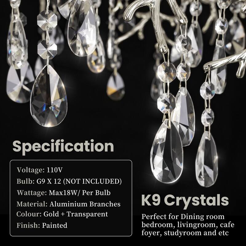 47 in. Raindrop Chandeliers, 12-Light Luxury Crystal Silver Tree Branch Chandelier for Dining Room, Kitchen Island,
