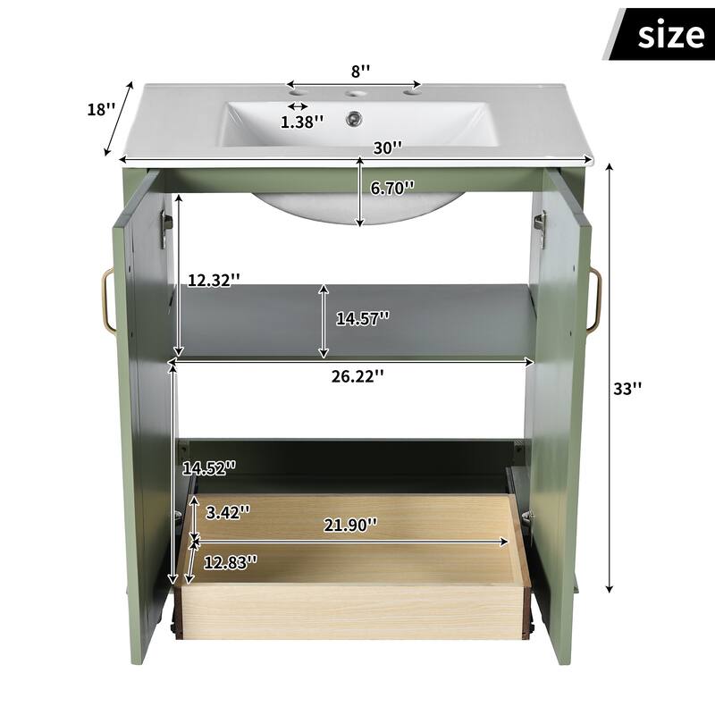 Freestanding 30" Bathroom Vanity Set with Ceramic Sink, Hidden Drawer, & Storage Cabinet for Bathroom