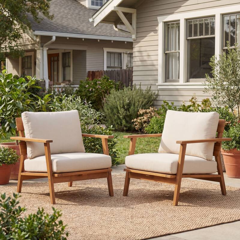 Christopher Knight Home - Mid-Century Modern Acacia Wood Outdoor Club Chair - Teak+ Beige - Set of 2