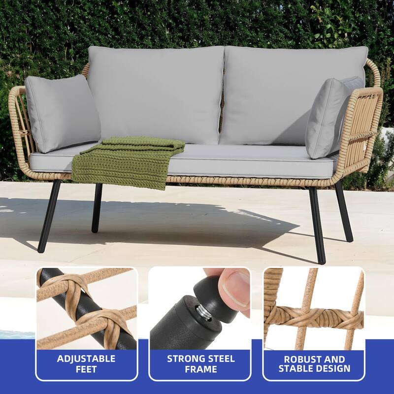 Fernald Patio Wicker Loveseat Sofa with Cushions and Lumbar Pillows