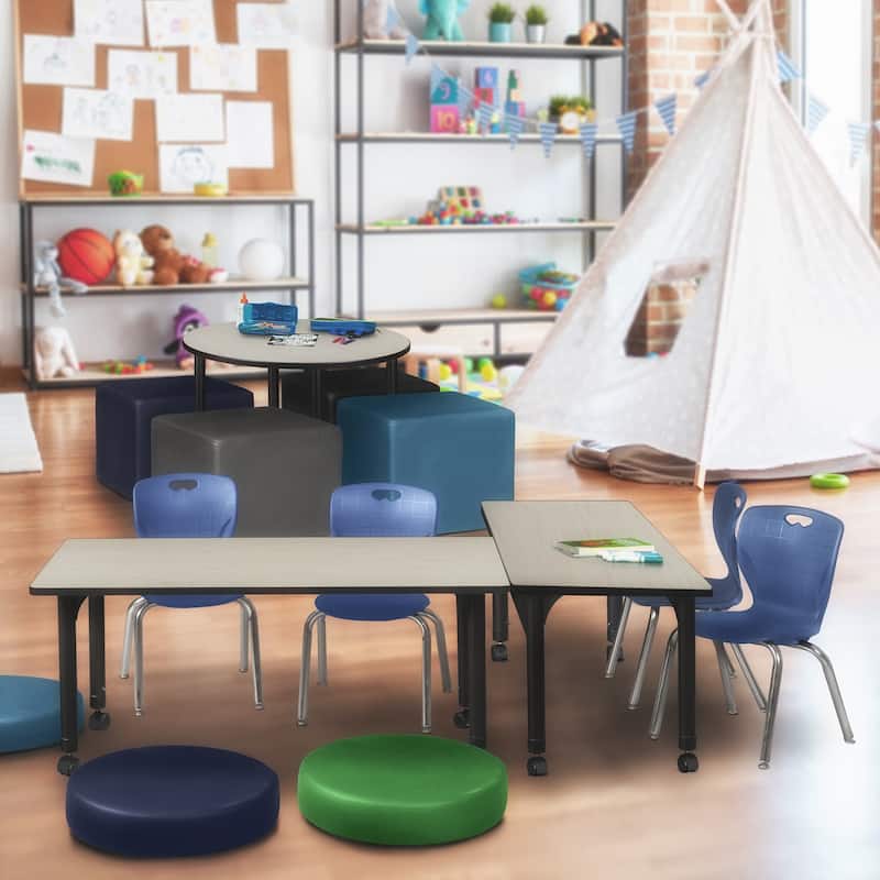 48 in. Height Adjustable Mobile Classroom Table - Maple & 2 12-in Stack Chairs- Navy Blue