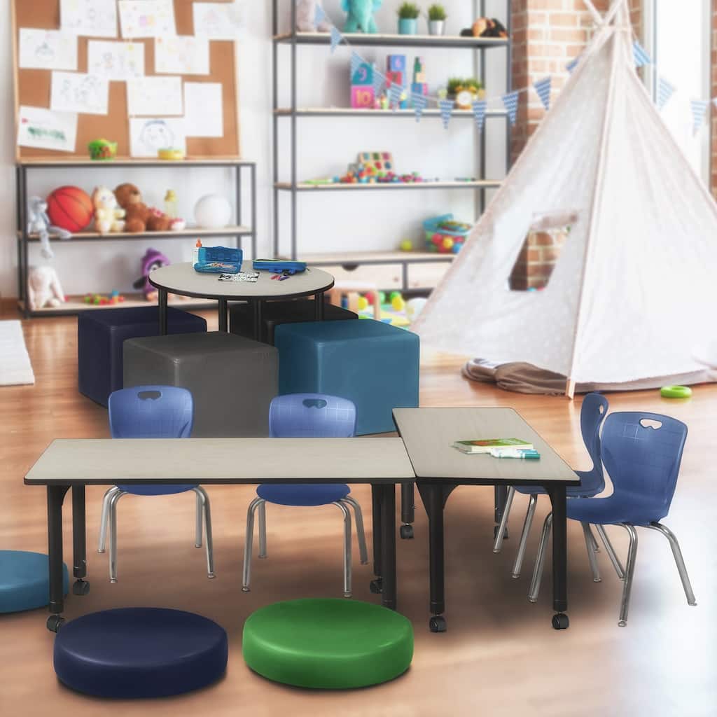 48 in. Height Adjustable Mobile Classroom Table - Maple & 2 12-in Stack Chairs- Navy Blue