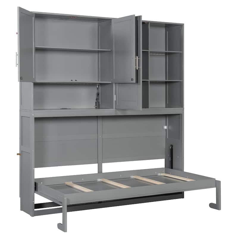 Twin Size Foldable Murphy Bed All-in-one Wall Bed Cabinet with Open Shelves, Top Cabinet, Lights, USB Port and Power Outlets