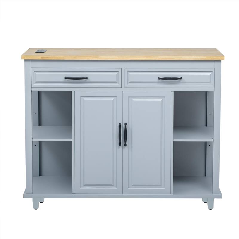 Rubber Wood Veneer Kitchen Island with Extendable Dining Table, Power Outlet