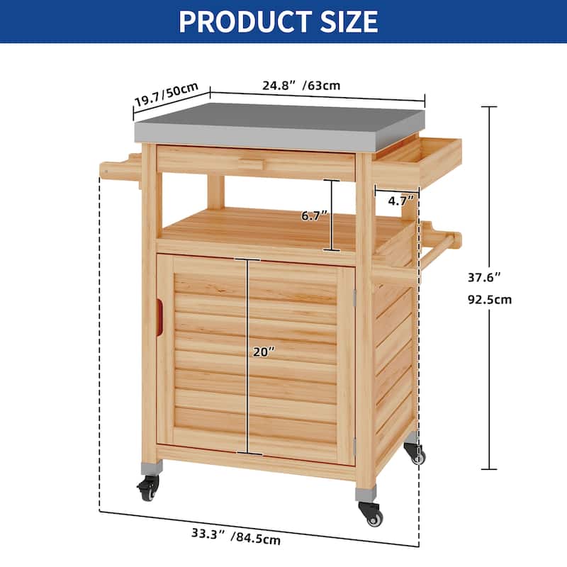 Moasis Solid Wood Grill Cart Outdoor Storage Cabinet Patio Bar Cart with Stainless Steel Top and Lockable Wheels