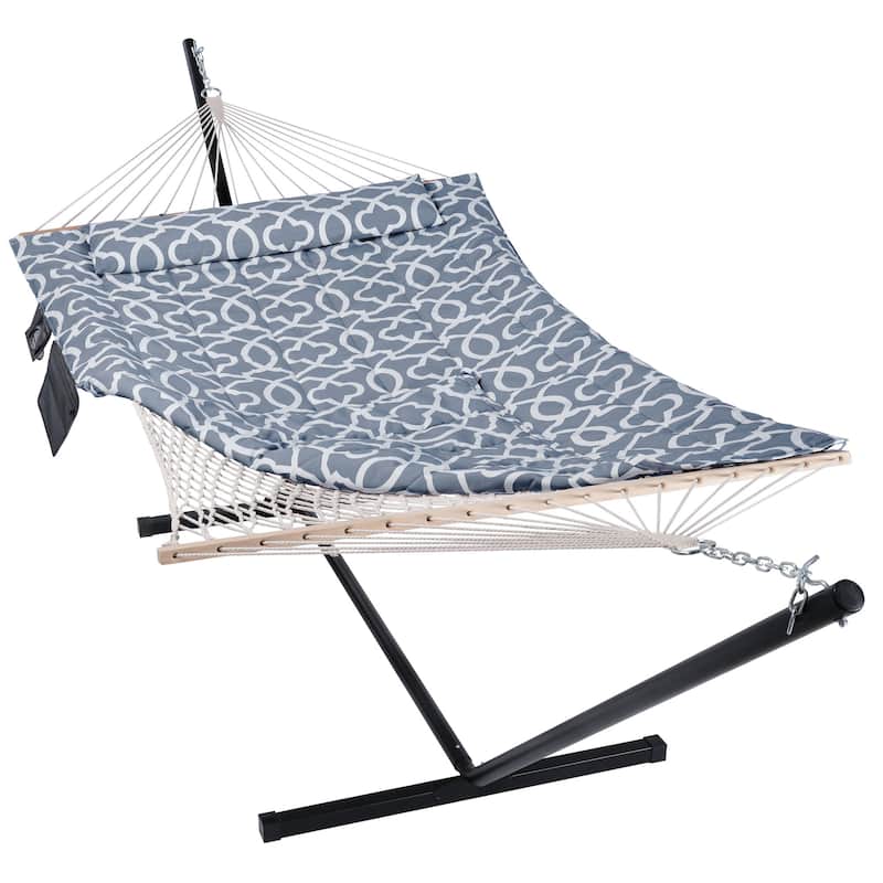 Hammock Double Hammock with Stand, Two Person Cotton Rope Hammock - 147.6(L)*52(W)*47.6(H) - Dark Gray Pattern