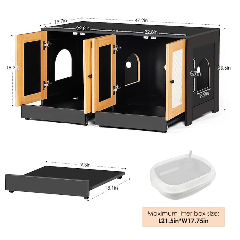 Double Litter Box Enclosure,Cat Litter Box Enclosure for 2 Cats,Hidden Box Furniture,Rattan Doors,47" L x 19.8" W x 21.8" H