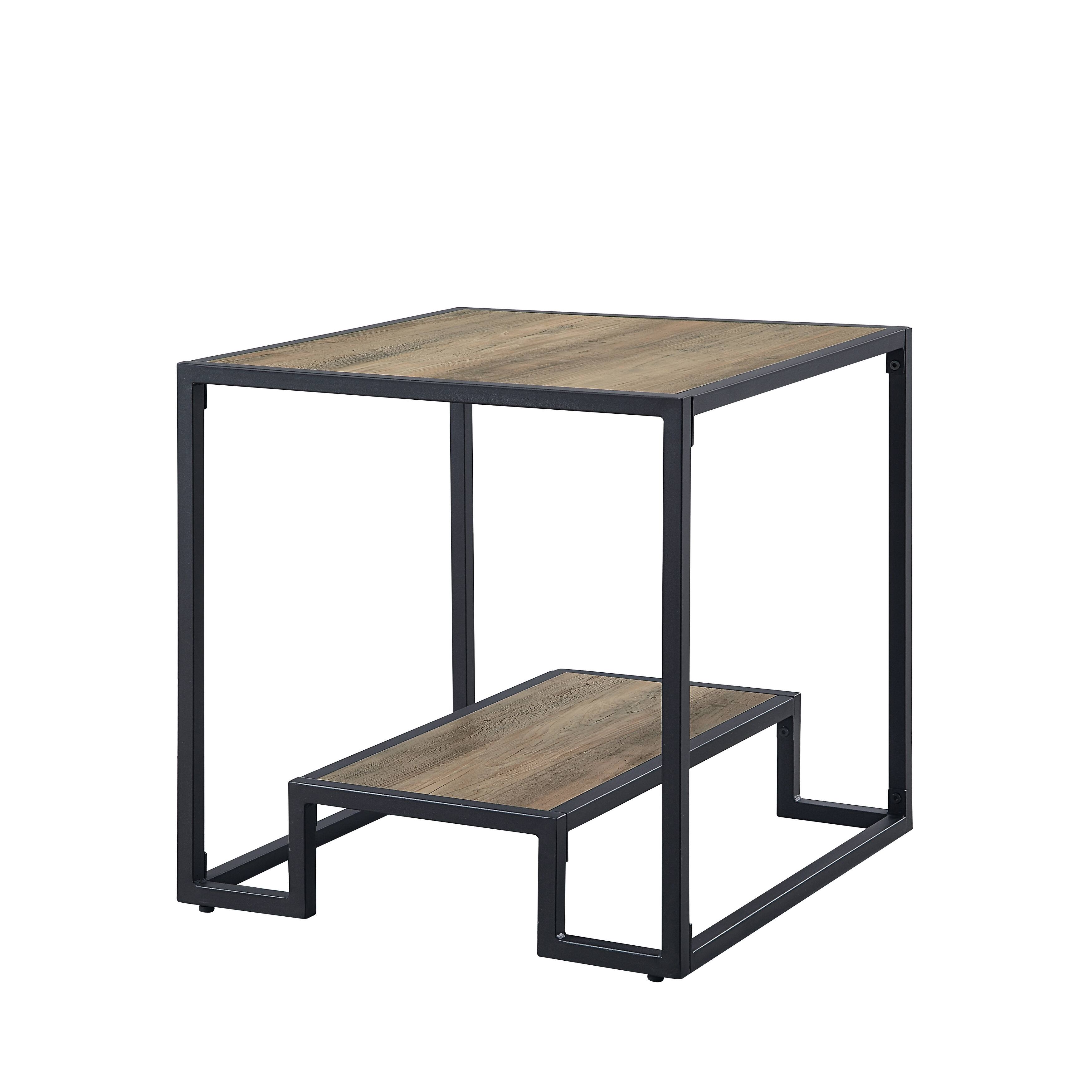 End Table in Rustic Oak & Black Finish KD 2 Storage Shelves Included