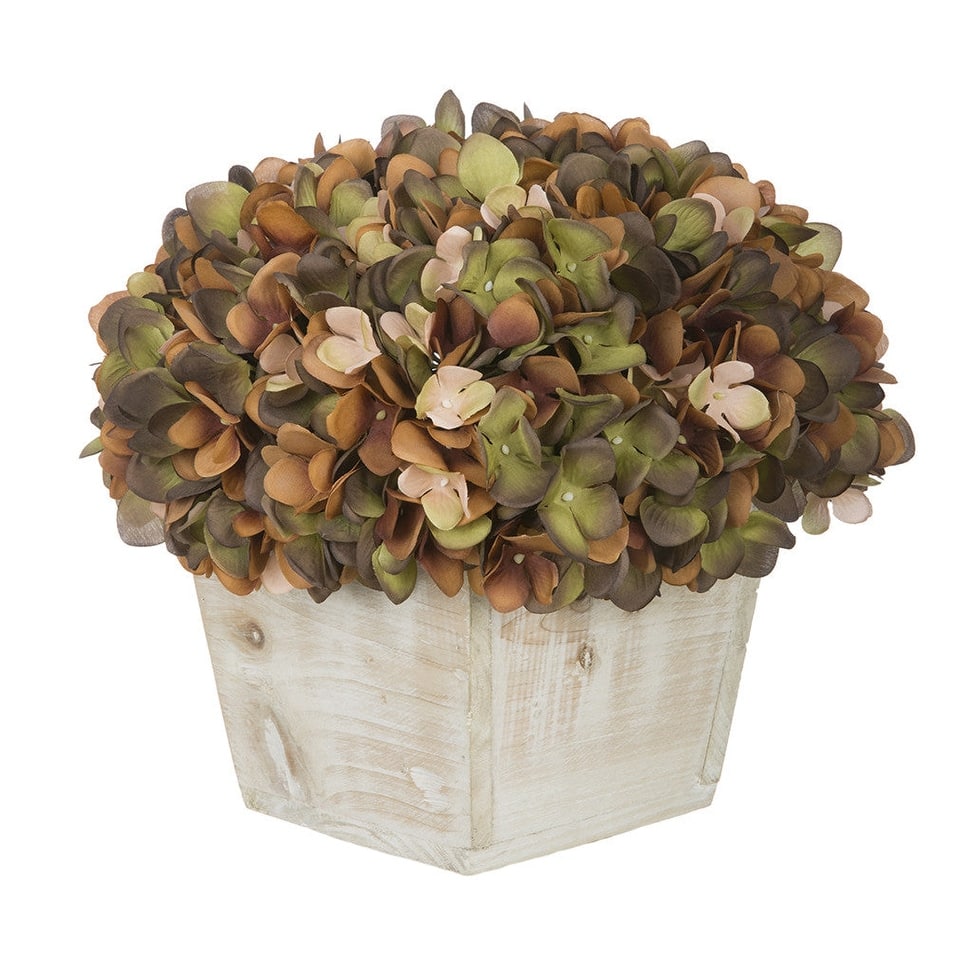 Faux Hydrangea in White Washed Wood Cube Planter