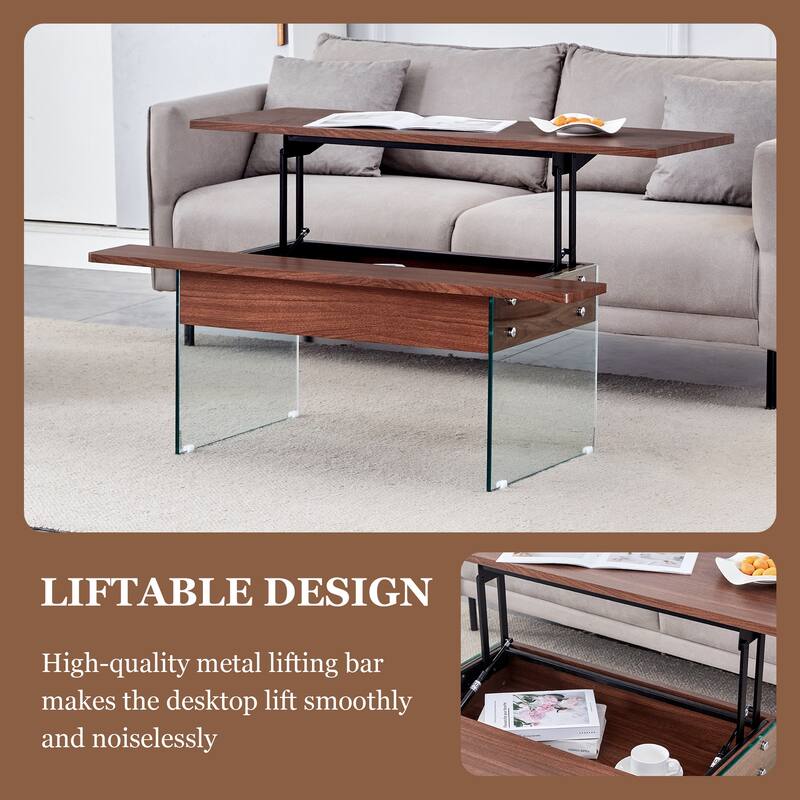 Multifunctional Lift-Top Coffee Table with Tempered Glass Legs, Rectangular Living Room Table 2-Tier Center Table