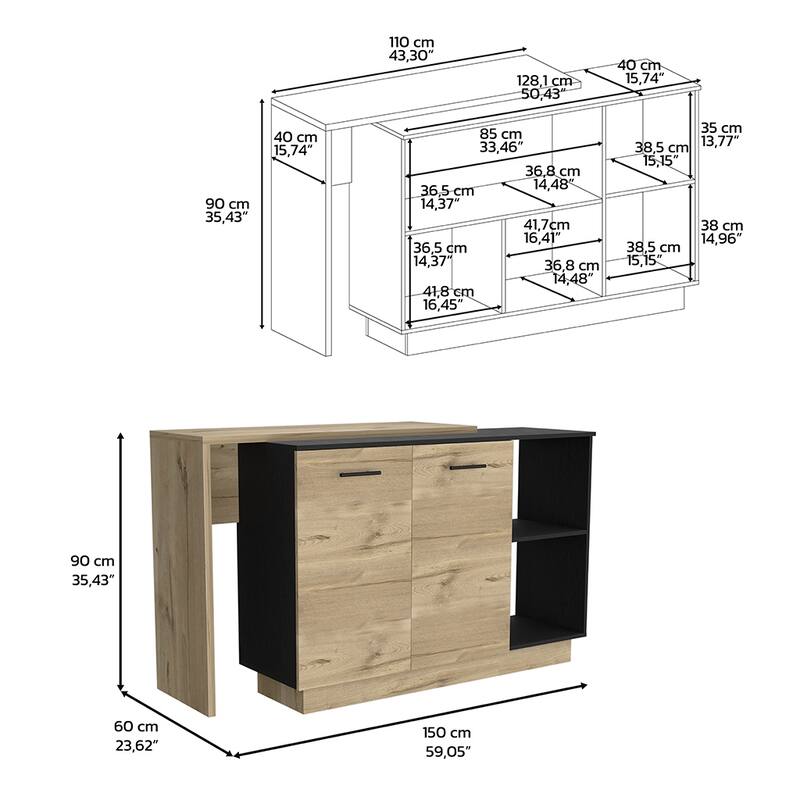 Kitchen Island, Double Door Cabinets, Two External Shelves, Three Shelves