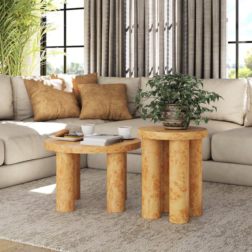 COZAYH Farmhouse Round Nesting Coffee Table Set of 2, Modern Rustic Pillar-Leg Accent Tables with Burl Wood Finish