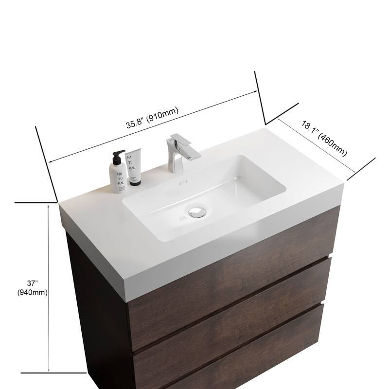 GDFStudio - Alice Walnut Freestanding Bathroom Vanity with One-Piece Matte Black Sink, Modern Handle-Free Design, Pre-Assembled