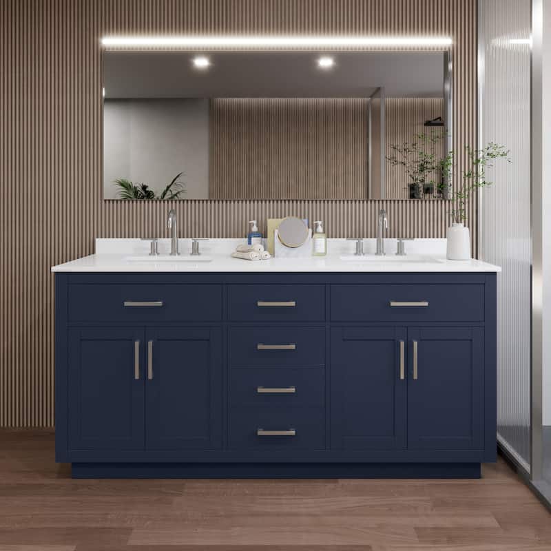 Wyndham Collection WCG262672D-QTZ-US3MXX Beckett TK 72" Free Standing - Dark Blue / White Quartz Top / Brushed Nickel
