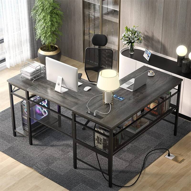 L Shaped Desk with USB Charging Port and Power Outlet