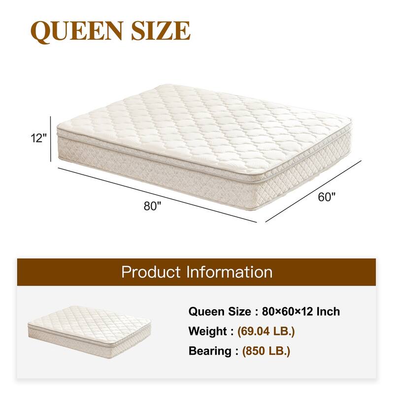 Queen Size Mattress 12 Inch Hybrid in a Box with Memory Foam and Pocket Spring for Pressure Relief