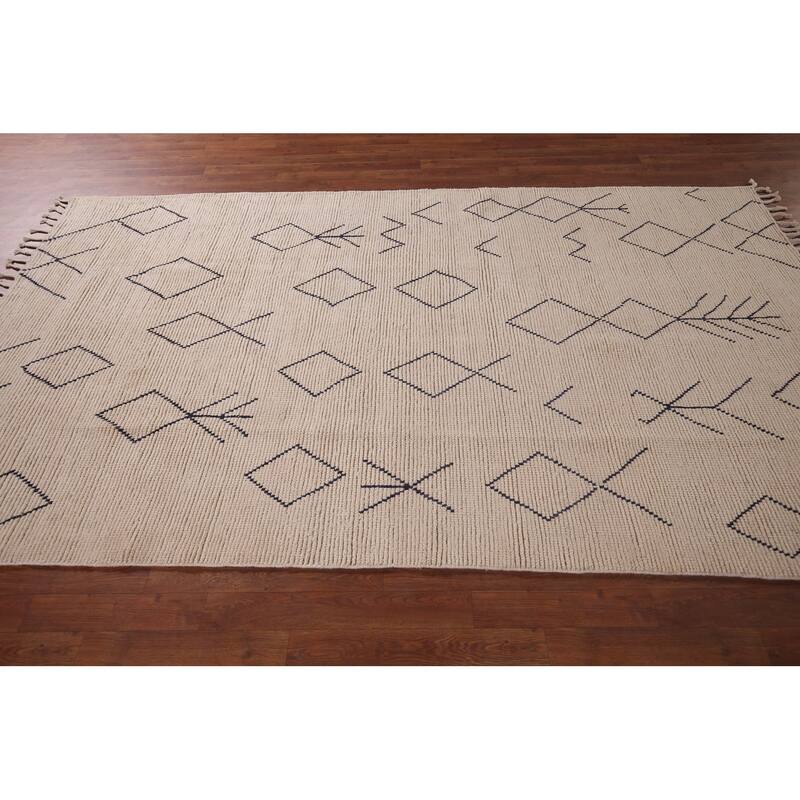 Geometric Ivory Moroccan Area Rug Hand-Knotted Wool Carpet - 5'7"x 9'5"