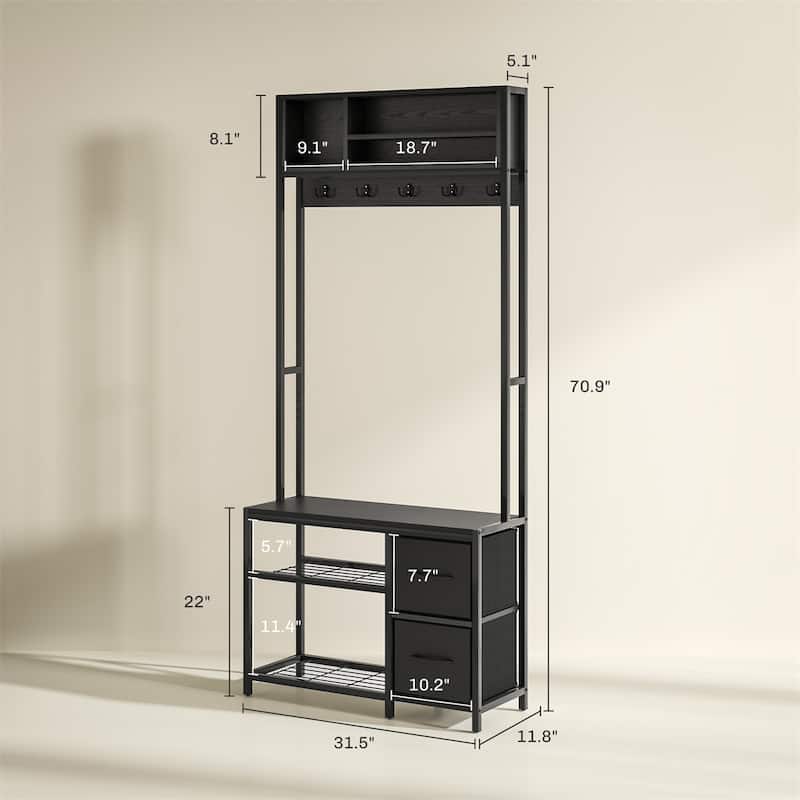 5-in-1 Hall Tree with Bench Coat Hooks and Storage Drawers for Entryway Hallway or Mudroom - 31.5" W x 11.8" D x 70.9" H