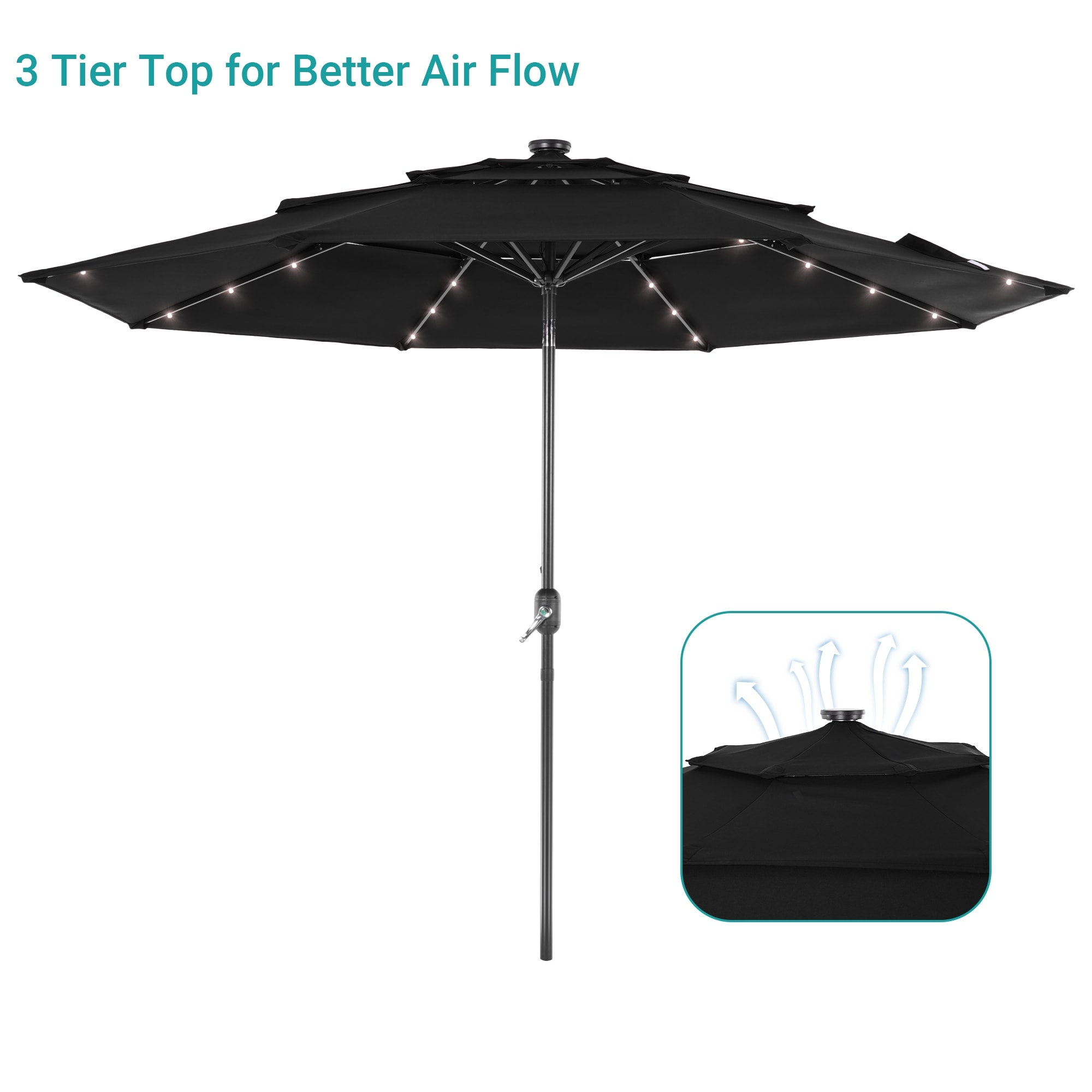 black vs light patio umbrella 10ft Cantilever with Solar & Rotation, Unleash the magic of ambient lighting with this innovative design that seamlessly combines style and sustainability 12' x 9' Rectangular Patio
