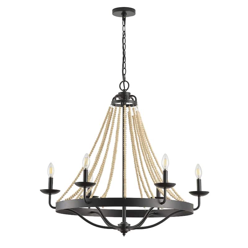 6-Lights Farmhouse Wood Bead Candle Chandelier - 32"D×4.7"W×96"H（Adjustable）