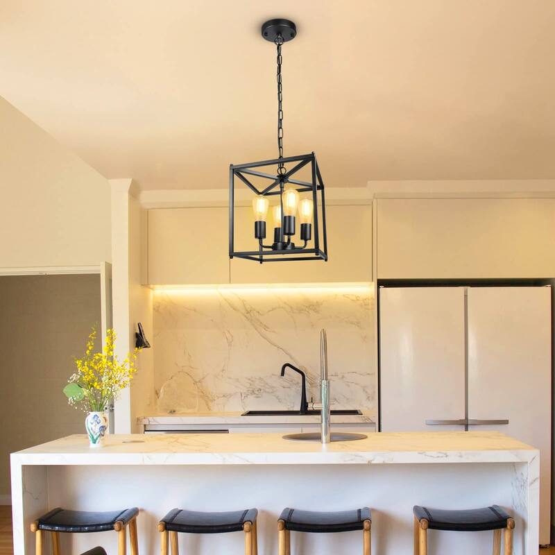 4-Light Black Farmhouse Chandelier, Iron Lantern Pendant Light Rustic Cage Adjustable Height, E26 Base Industrial Hanging Lights