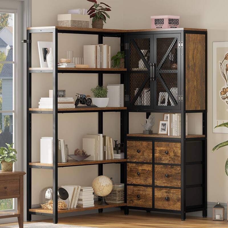 Corner Bookshelf Fabric Drawers Bookcase Display Shelf - 5-Tier - Black/Brown