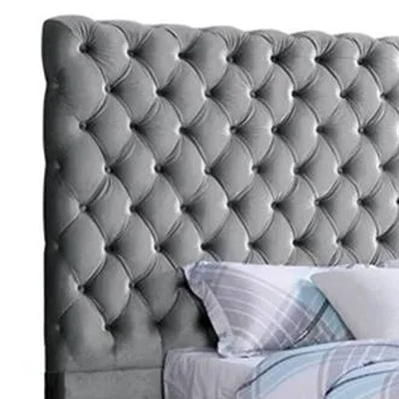 Steph Queen Bed, Gray Button Tufted Flannelette Upholstery, XL Headboard