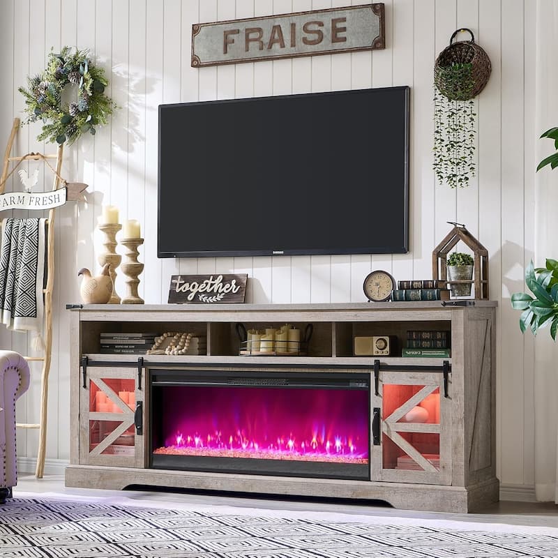 Farmhouse Fireplace TV Stand for 80" TV, Rustic Entertainment Center