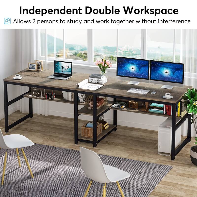 78.7" Two Person Desk with Bookshelf, Office Double Desk for Two Person
