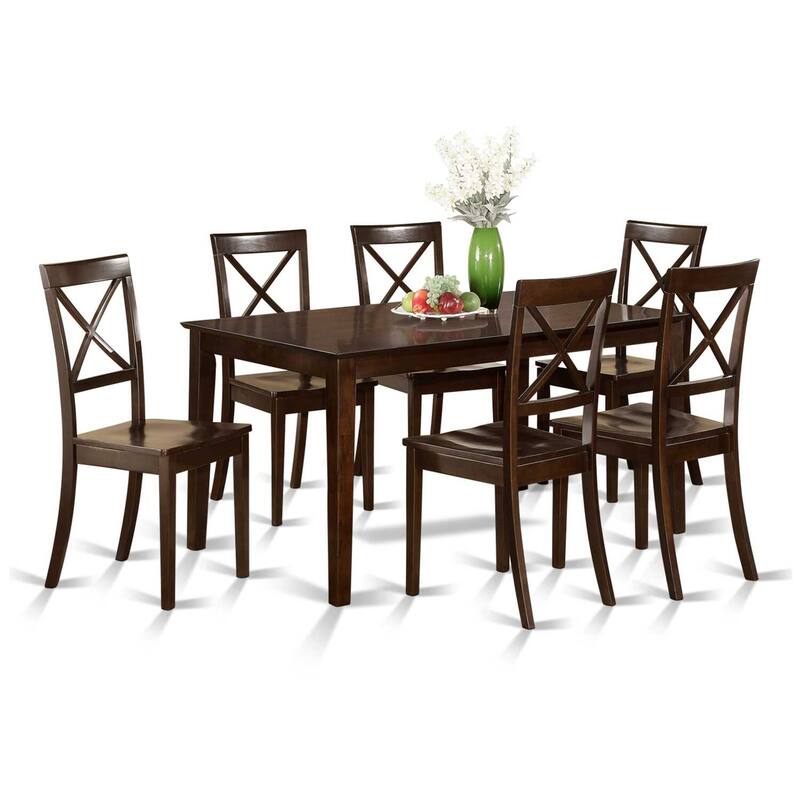 HomeStock 7-Piece Rectangle Cappuccino Finish Solid Wood Top Dining Table with 6 Cross-Back Wood Seat Dining Chairs, Seats 6