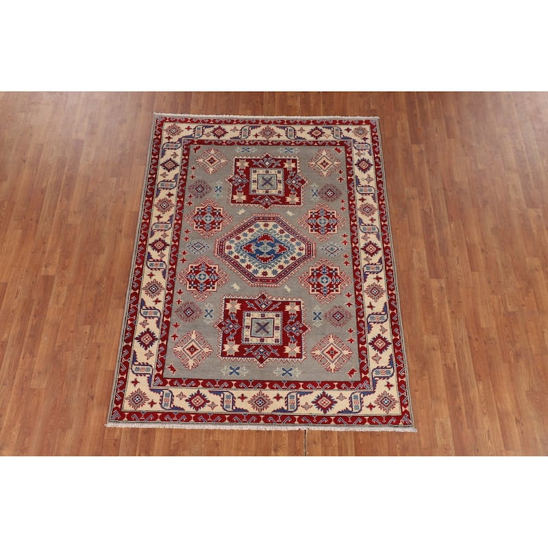 Traditional Grey Kazak Oriental Area Rug Hand-Knotted Wool Carpet - 5'1" x 6'9"