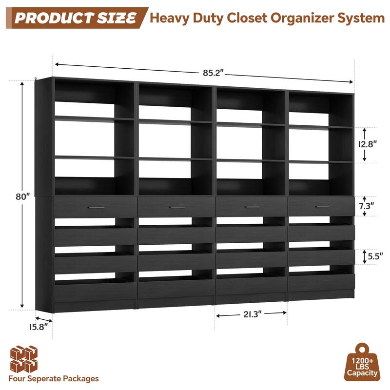21.3'' W Closet System with 4 Wooden Drawers, 1.78FT Walk-in Closet Organizer Wardrobe with Adjustable Open Shelves