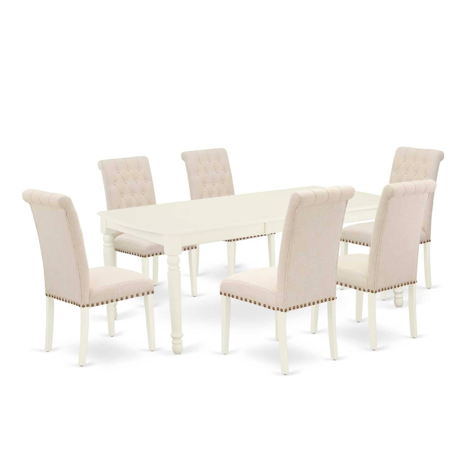 7Pc Dinette Set - Rectangular Kitchen Table with Leaf & 6 Parson Chairs - Linen White & Beige - 78