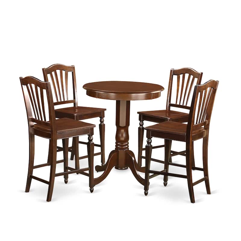 East West Furniture 5 Piece Counter Height Table Set- a Round Table with Pedestal and 4 Dining Chairs, Mahogany (Seat Option)