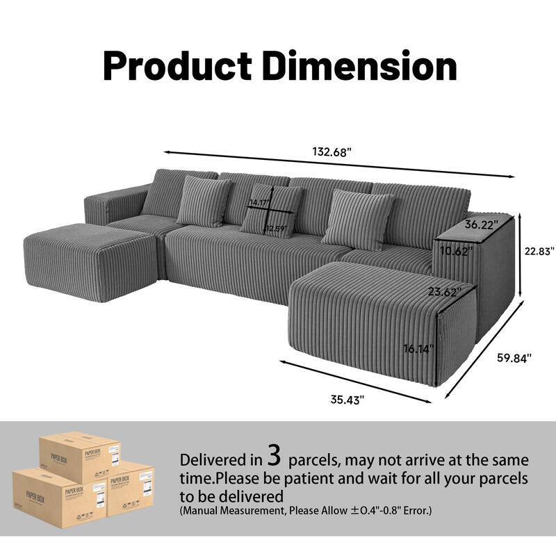 Modular U-shaped Chaise Sectional Sofa Striped Corduroy Compressed Couch with Ottomans and Pillows, Freely Configurable Layout