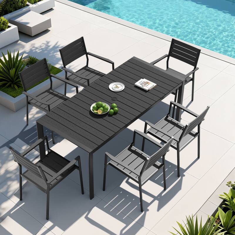 7-Piece Outdoor Patio Dining Set Wood Like Table Top Aluminum Rectangular Umbrella Hole Table with Stackable Armrest Chairs - Black