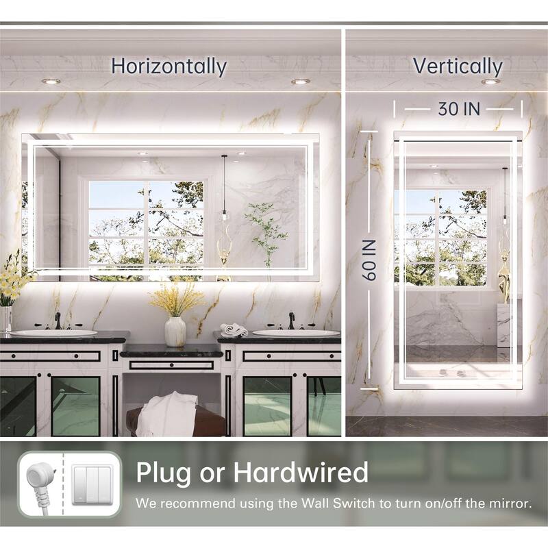 Keonjinn Rectangular Front Light & Backlit,LED Bathroom Vanity Mirror, 3 Color Temperatures, Anti Fog