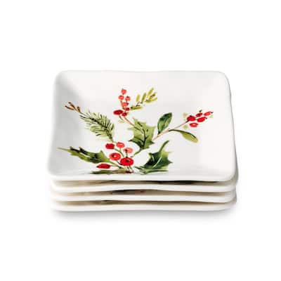Certifed International Holly And Vines Set of 4 Canape/Luncheon/Appetizer Plates 6" Assorted Designs - 6 L x 6 W x 1 H