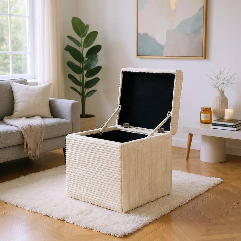 Modern Square Corduroy Ottoman Footrest with Hidden Storage for Living Room or Bedroom