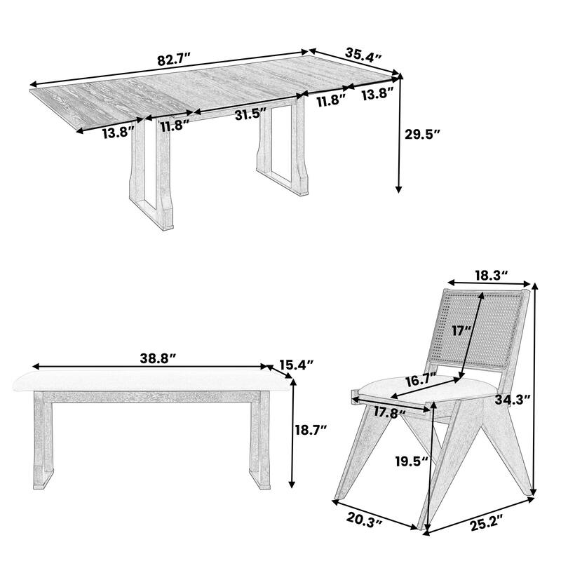 6-Piece 82.7inch Modern Extendable Dining Table Set with Two 11.8inch Removable Leaf
