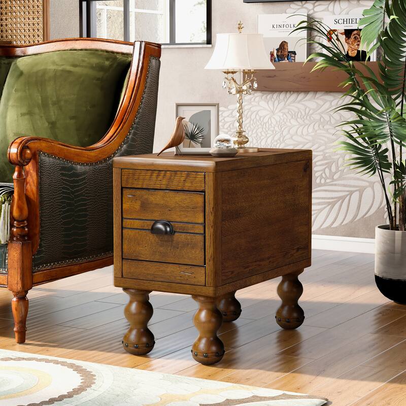 Solid Wood End Table, Rectangle 23.6 inch Narrow Side Table with Drawer, Vintage Bedside