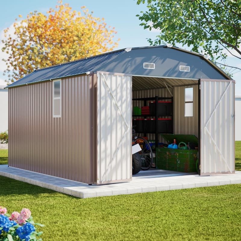 10' x 12' Outdoor Storage Shed, Heavy-Duty Rust-Resistant Steel Tool Shed with Floor Frame Kit - Brown