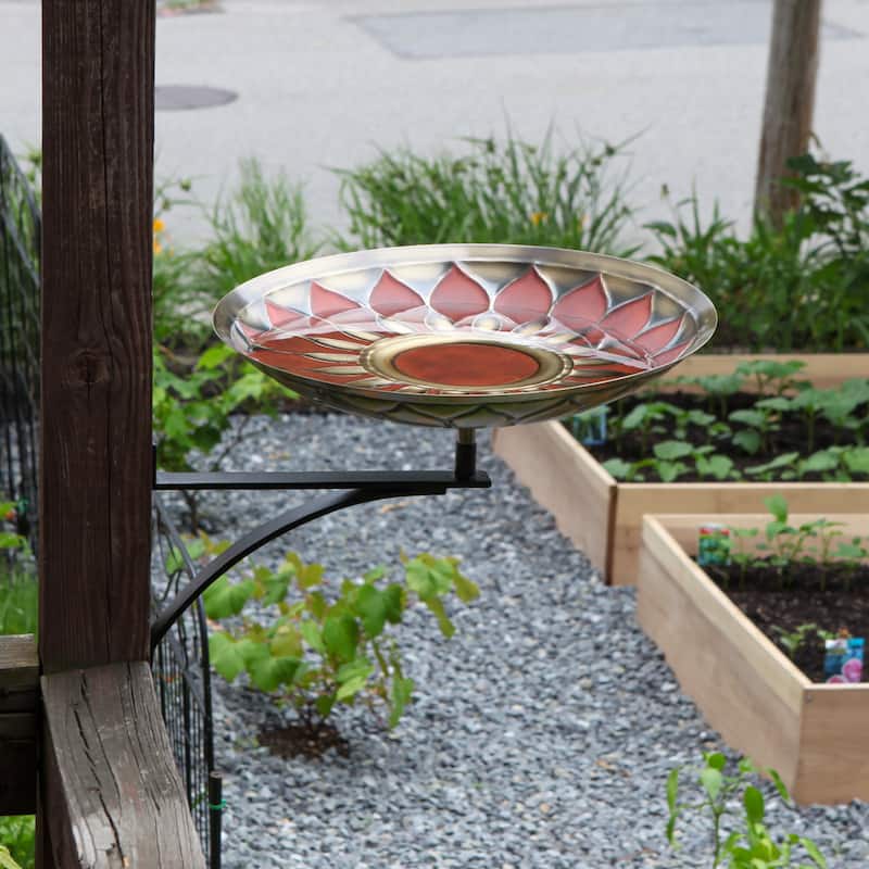 Achla Designs 16"Dia. Round Antique African Sunflower Birdbath w/Black Wrought Iron Wall Mount Bracket