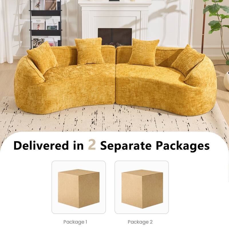 Curved Sectional Sofa with Pillows, Chenille Upholstered 4 Seater Sofa, Full-Compressed Deep Seat Sofa for Living Room