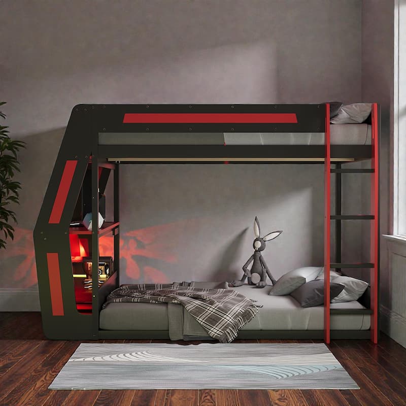 Full Size Gaming Loft Bed with RGB Desk, USB Charging Ports, LED Lights, Heavy Duty Esports Bunk Bed