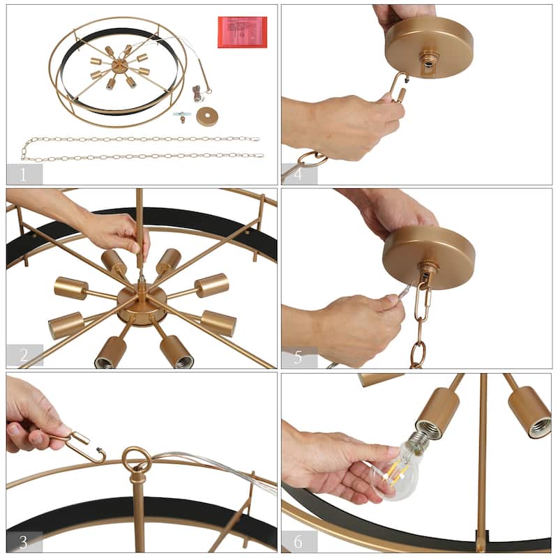 Modern Luxury 8-Light Black Gold Chandelier Wheel Kitchen Island Metal Pendant Lights for Dining Room - 31.6 " × 17.5 "